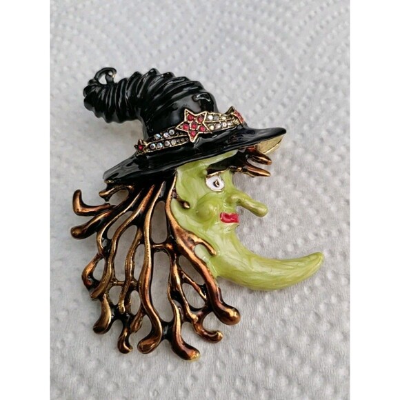 KIRKS FOLLY Witch Moon Brooch Pin Enamel Large AB Crystal  Signed - Picture 1 of 4